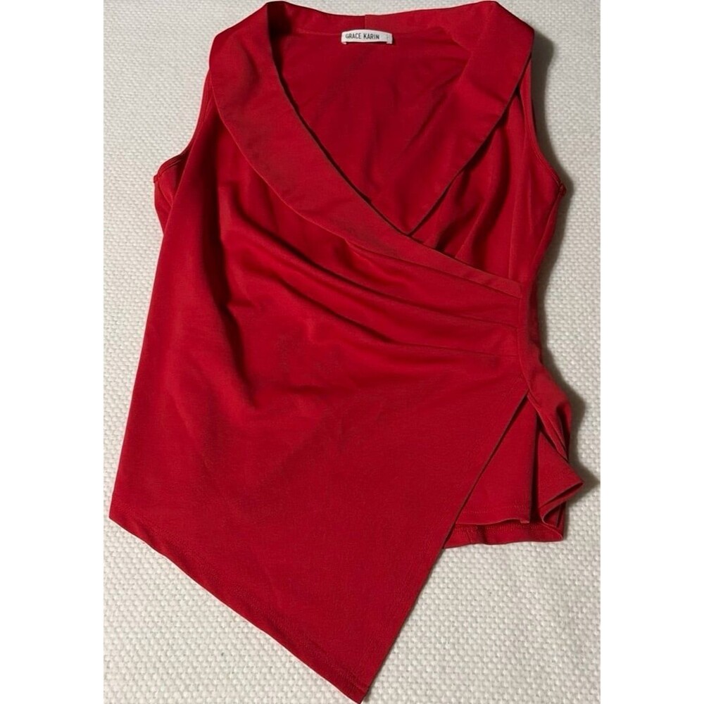 Grace Karin Red Wrap Front Asymmetrical Blouse Top Size L